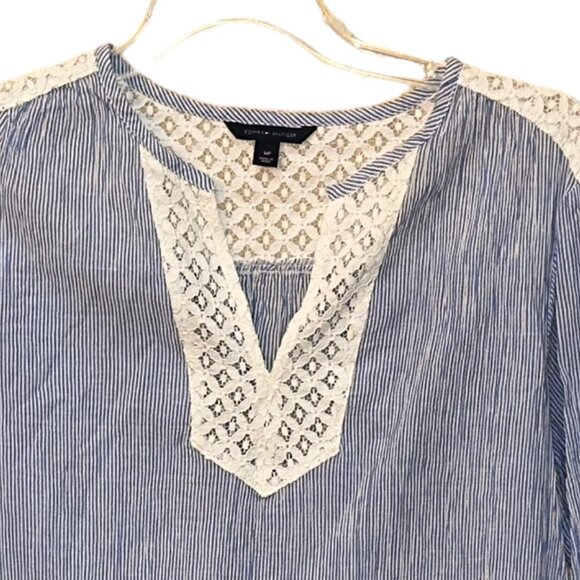Tommy Hilfiger Blue White Stripe Boho Lace Blouse Size Small Petite - Picture 2 of 5